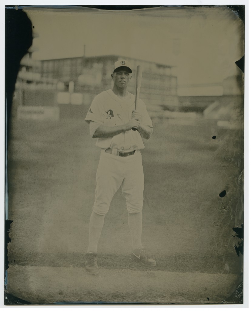 Shelley Duncan at the Durham Bulls Athletic Park, on August 9, 2013. Wet-plate tintype by Leah Sobsey/Tim Telkamp.